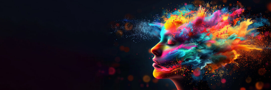 A colorful explosion of paint is splattered across a black background. The image is abstract and chaotic. The colors are vibrant and bold. human head with colors exploding from head