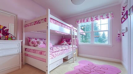 A Cozy Girl's Bedroom Outfitted with a White Bunk Bed, Soft Pink Bedding, Favorite Toys, and a Gentle Carpet