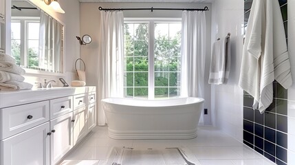 A Refreshing Bathroom Oasis with a Chic White Cabinet, Soothing Bathtub, and Graceful White Curtain