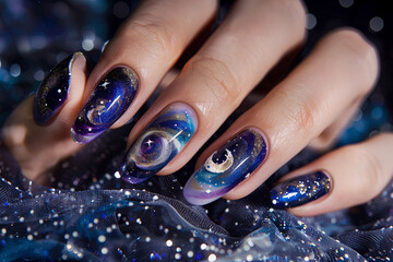 Close-up of nails with a stunning galaxy design. Galaxy-inspired manicure with a deep blue and purple swirl pattern, sprinkled with glittering stars and a crescent moon