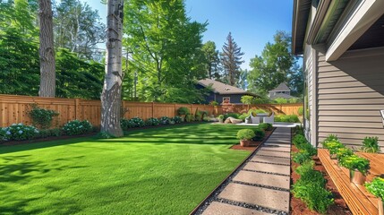 A Freshly Landscaped Backyard Haven, Featuring Privacy Fencing, a Serene Back Porch, and Birch Trees, Complemented by Steps and Mulch