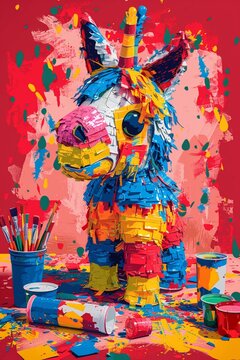 A pinata being crafted out of papiermache, surrounded by paintbrushes and colorful paints