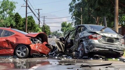 Fototapeta premium Unexpected Collision - Car crashed into parked car on neighborhood street