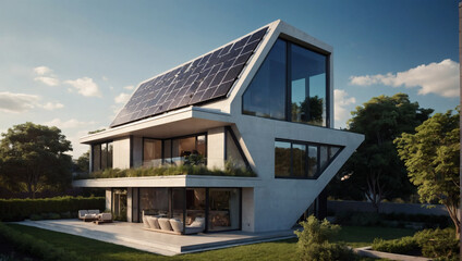 Fototapeta na wymiar Futuristic urban dwelling with sleek solar panels integrated into its angular design, boasting a rooftop garden and smart home technology.