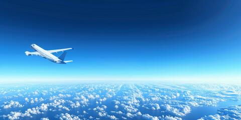 A white airplane is flying through a blue sky with clouds. The sky is clear and the clouds are scattered throughout. Scene is peaceful and serene, as the airplane soars through the sky with ease