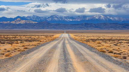 A long road stretches across a desert with mountains in the background. The road is rocky and dusty, and the sky is cloudy. Concept of isolation and vastness - obrazy, fototapety, plakaty