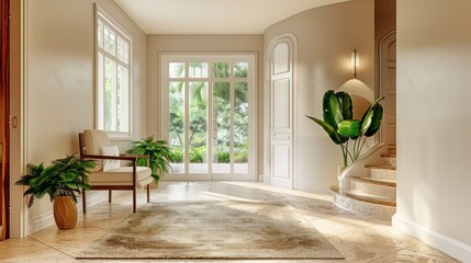 A Hallway in Soft Light Hues, Complete with a Chair and Palm, Welcomes Guests into the Spacious Entrance Hall