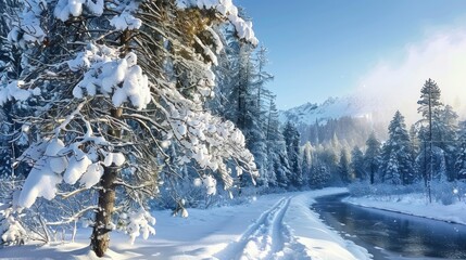 A Peaceful Winter Wonderland with Soft Snow, Lush Trees, a Reflective Canal, and Lonely Tracks