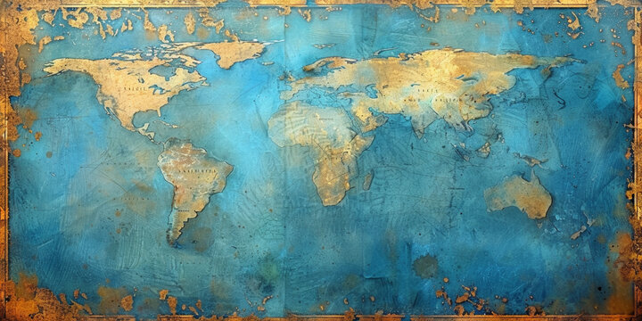 A blue and gold painted world map with a brown border. The map is very detailed and has a vintage look to it
