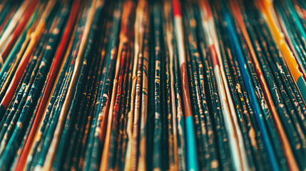 Stacked record albums show a multitude of colored spines, hinting at the diverse music collection...