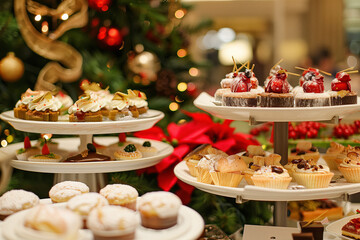 Festive High Tea Elegance. A three-tiered server filled with delectable holiday pastries.