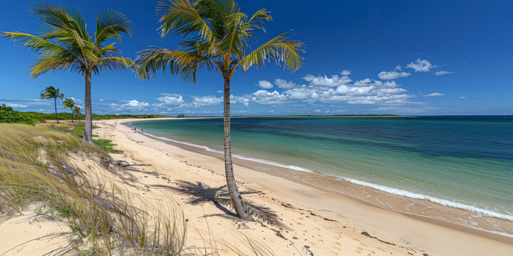 A beach with palm trees and a body of water. The sky is clear and blue