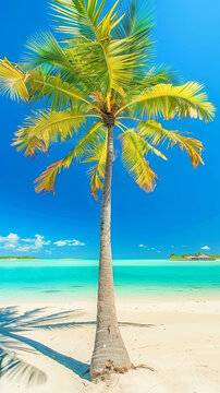 A palm tree is standing on a beach with a blue sky in the background. The tree is tall and has a lot of leaves. The beach is calm and peaceful, with the water in the background