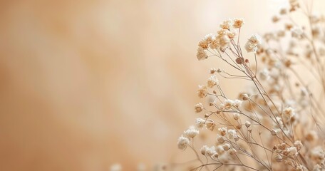 Dried Flowers in a Minimalistic Design, Their Delicate Forms Enhanced by a Beige Blur with copy space