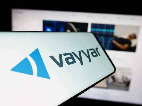 Stuttgart, Germany - 03-27-2024: Mobile phone with logo of Israeli semiconductor company Vayyar Imaging Ltd. in front of business website. Focus on center-left of phone display.