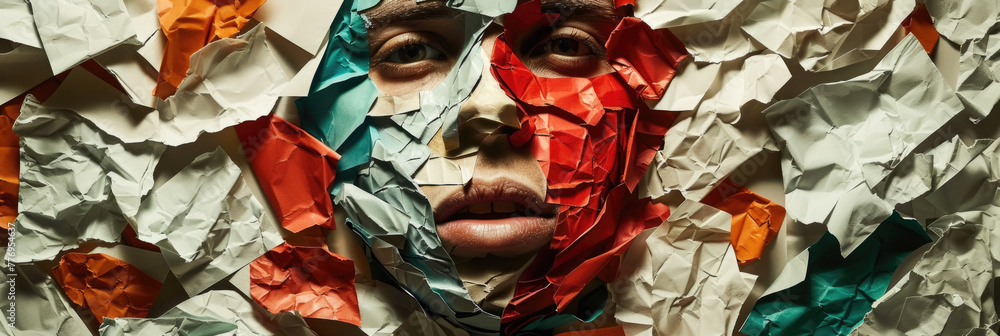 Poster a person with multiple torn up pieces of paper covering their face and head, creating a chaotic and 