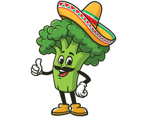 Broccoli wearing sombrero cartoon mascot illustration character vector clip art hand drawn