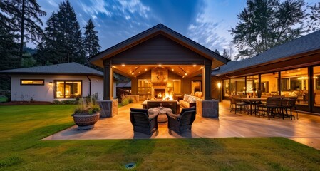The Perfect Blend of Nature and Comfort in a Large Yard with Plush Grass and a Patio Shelter Housing a Fire Pit - obrazy, fototapety, plakaty