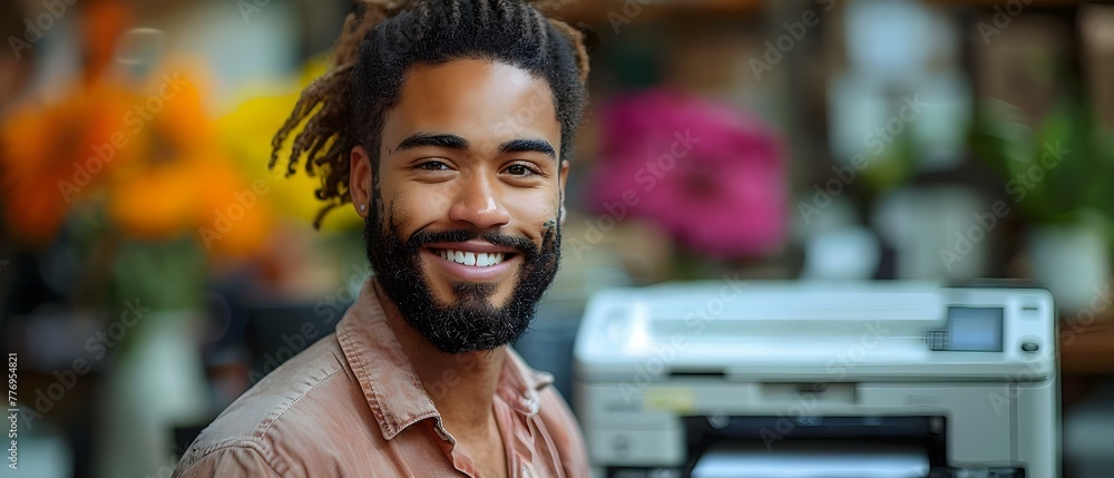 Poster man smiling while operating office multifunction printer secretary busy with tasks. concept office m
