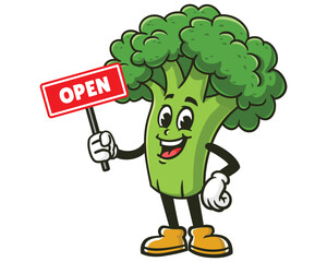Broccoli holding open sign board cartoon mascot illustration character vector clip art hand drawn