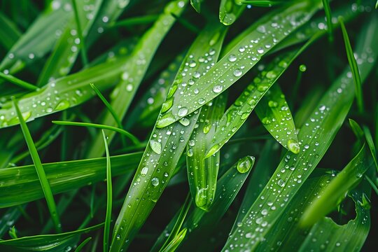 Lush Green Grass Texture: Dew Drops Detail AI Image