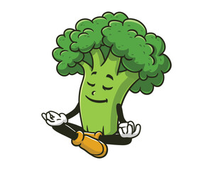 Broccoli is meditating cartoon mascot illustration character vector clip art hand drawn