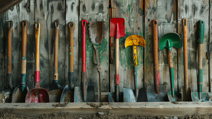 A vibrant and well-used assortment of garden tools hanging on a wooden wall implying gardening work and hobby