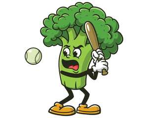 Broccoli playing baseball cartoon mascot illustration character vector clip art hand drawn