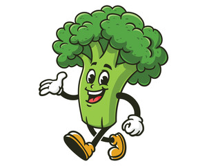 Broccoli is walking leisurely cartoon mascot illustration character vector clip art hand drawn