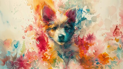 In a dream where the economy fuses with innocence, a baby-dog emerges as the main subject among vibrant watercolors, illustrating a hopeful future. - obrazy, fototapety, plakaty