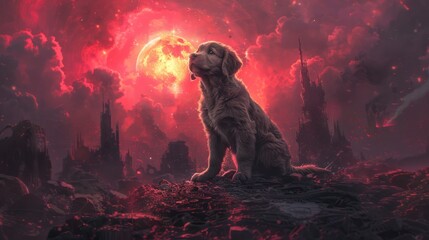 A baby Golden Retriever, eyes brimming with cosmic sorrow, stands amidst galactic ruins, a funk-infused historical backdrop echoing its cries. - obrazy, fototapety, plakaty