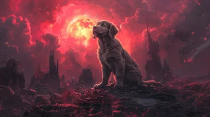 Fototapeten A baby Golden Retriever, eyes brimming with cosmic sorrow, stands amidst galactic ruins, a funk-infused historical backdrop echoing its cries. © Thor.PJ