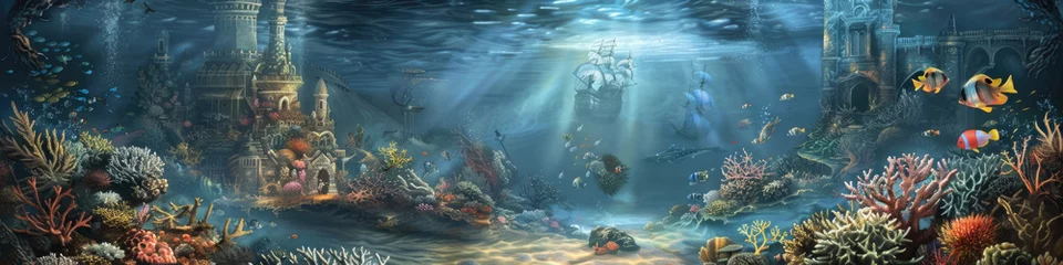 Foto op Canvas A vibrant underwater scene with marine animals, corals, and remnants of a sunken civilization illuminated by sunbeams © sommersby