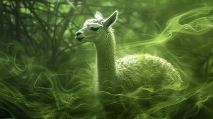 A baby llama, glowing gently, stands amidst a dreamlike tropical jungle, its coat mixing with swirls of avocado green, a serene vision of innocence and wonder. - obrazy, fototapety, plakaty