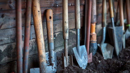 A diverse set of shovels and digging tools leaned against a wooden barn wall, ready for agricultural use
