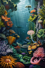 Obraz na płótnie Canvas A detailed painting showcasing a vibrant underwater scene with an array of colorful corals, seaweeds, and plants swaying gently in the current