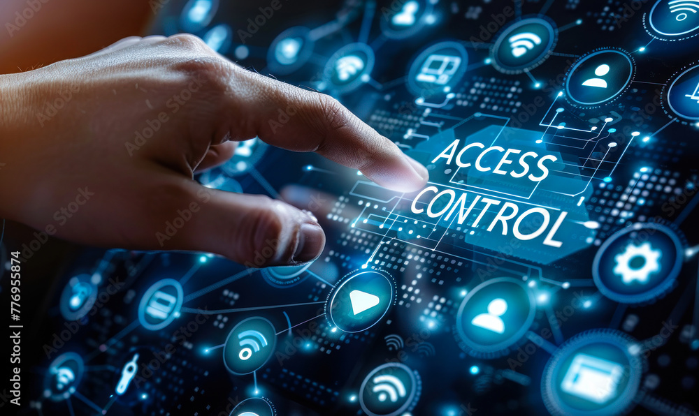 Poster advanced network security concept with access control systems, digital authentication, data protecti
