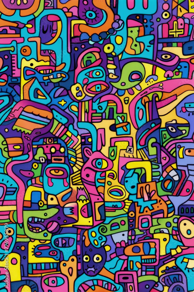 Poster a lively abstract painting featuring a multitude of bold and varied colors, creating a dynamic and e