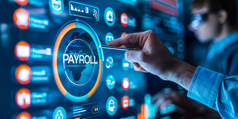 Professional Holding Virtual Interface with Payroll and Financial Icons, Concept of Modern Payroll Management Systems