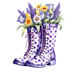 Watercolor pair purple polka dots boots decorated with many spring flowers isolated on PNG background. Generative AI.
