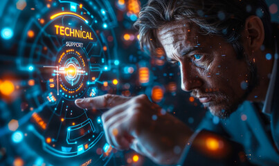 Professional in business suit works with futuristic holographic icon of technical support & modern technological services, human expertise & advanced digital solutions integration in corporate realm