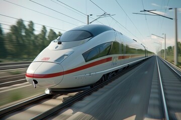 Fototapeta premium High speed train runs on rail tracks Train in motion