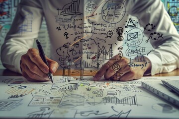 Businessperson brainstorming with sketches of analysis and strategy concepts
