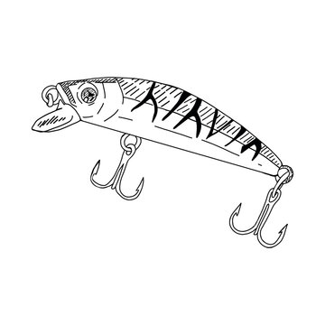 Fish hook minnow vector illustration tackle. Fly gudgeon spinner lure feeding. Bait line drawing. Ink silhouette Black outline graphic. Fishing spoon angler tool black outline 