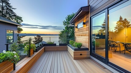 A Master Deck with a Handcrafted Cedar Bench and Planter Boxes, Gazing Out Over the Lake