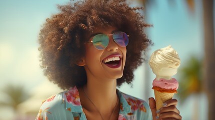 young african american woman eating flavored ice cream on the beach