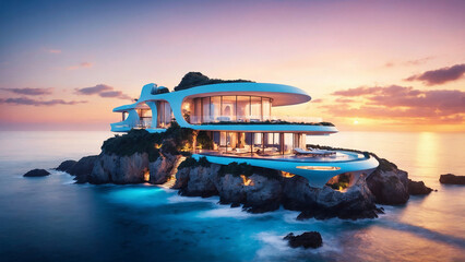 Luxurious futuristic Cliffside Villa with Overlooking Serene Infinity Ocean at sunset. - obrazy, fototapety, plakaty