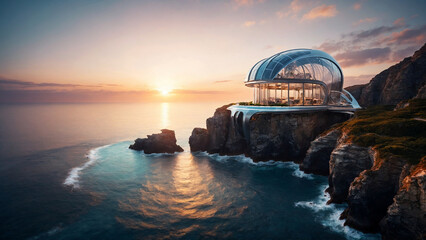 Luxurious Cliffside Geo Dome Villa Overlooking Serene Infinity Ocean at sunset. - obrazy, fototapety, plakaty
