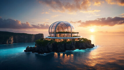 Luxurious futuristic Cliffside Villa on the island Overlooking Serene Infinity Ocean at sunset. - obrazy, fototapety, plakaty