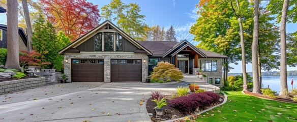 A Beautiful Residence with Garage, Offering Unparalleled Lake Views and a Generous Front Lawn